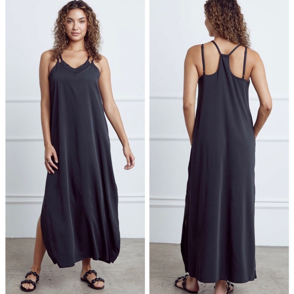 Shebird The Savannah Strappy Built-in Bra Black Slit Maxi Dress size 6/8